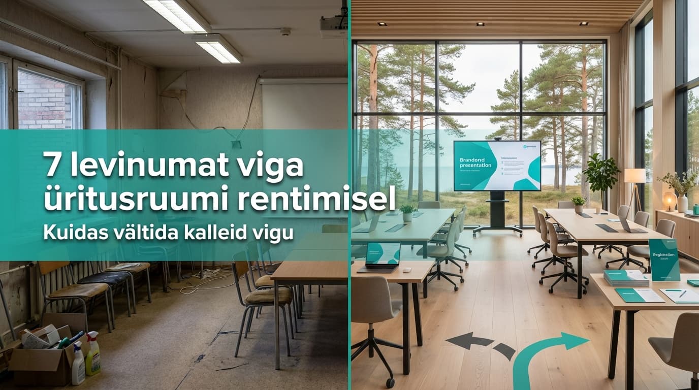 Võrdluspilt, mis näitab levinud vigu üritusruumi valimisel: kaasaegne ja professionaalne koosolekuruum võrrelduna ajas kulunud ja räämas üritusruumiga.