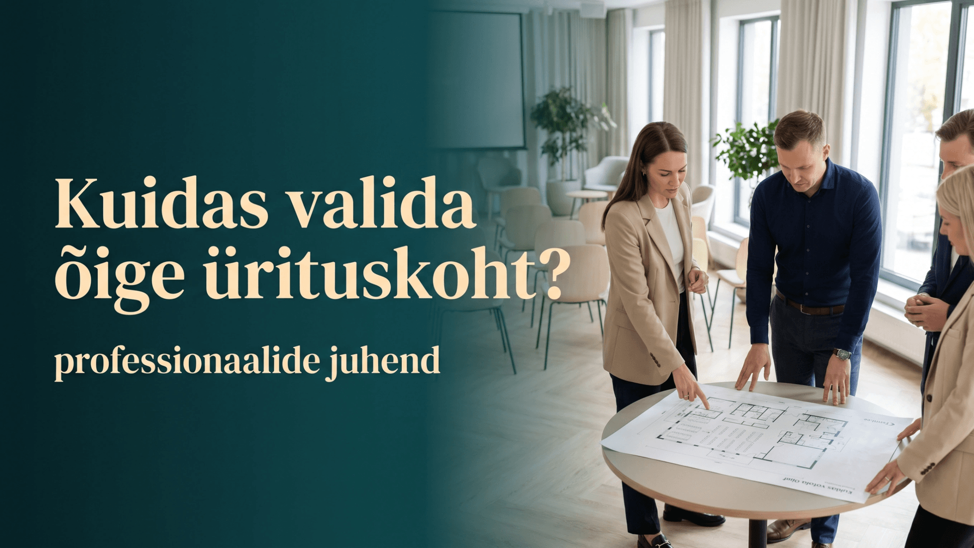 Modernne ja hele ürituskoht elegantse sisekujunduse, läbimõeldud ruumilahenduse ja peene sündmuse atmosfääriga, illustreerimas professionaalset juhendit õige ürituskoha valimiseks.